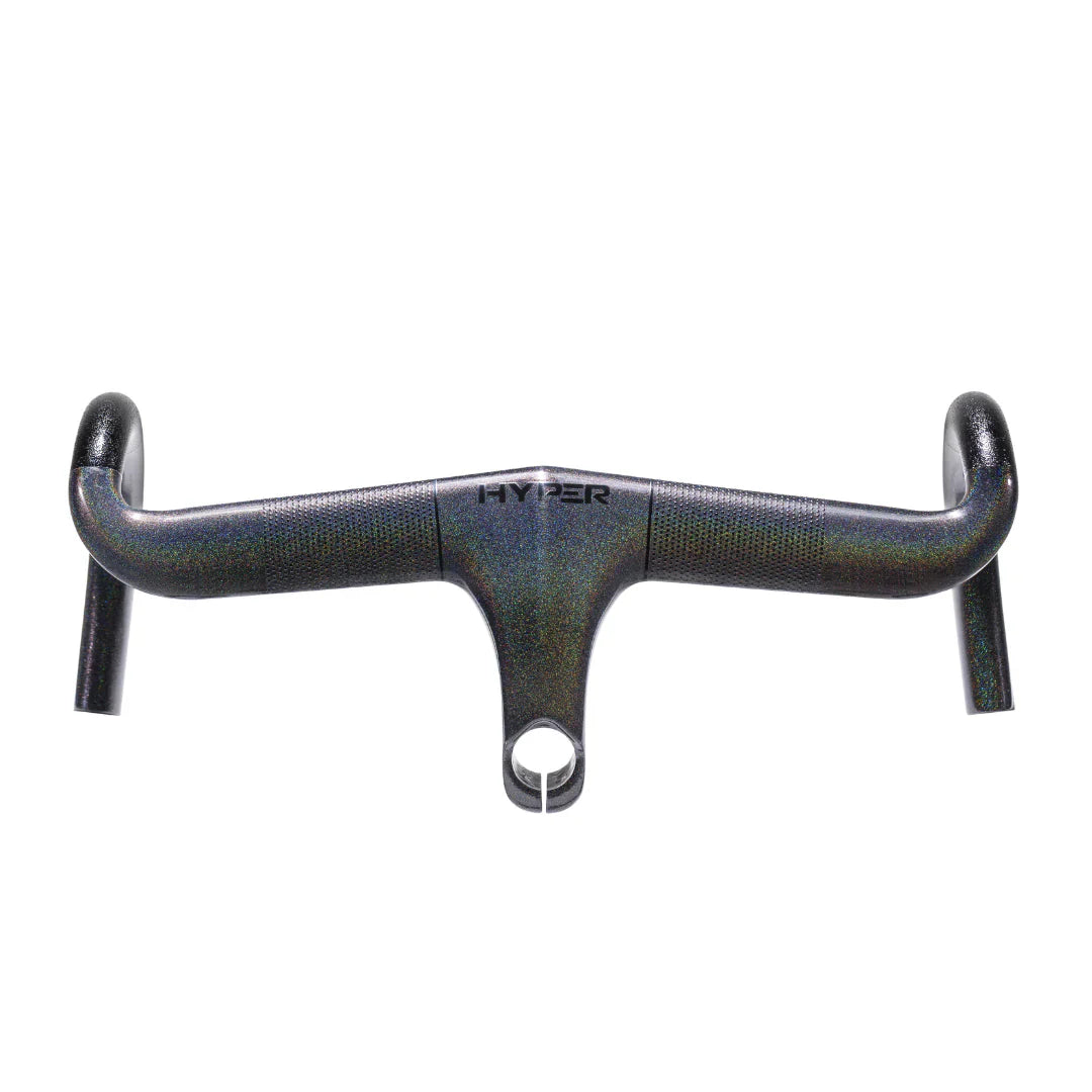 HYPER aero carbon fiber bicycle handlebars with iridescent black finish on white background.