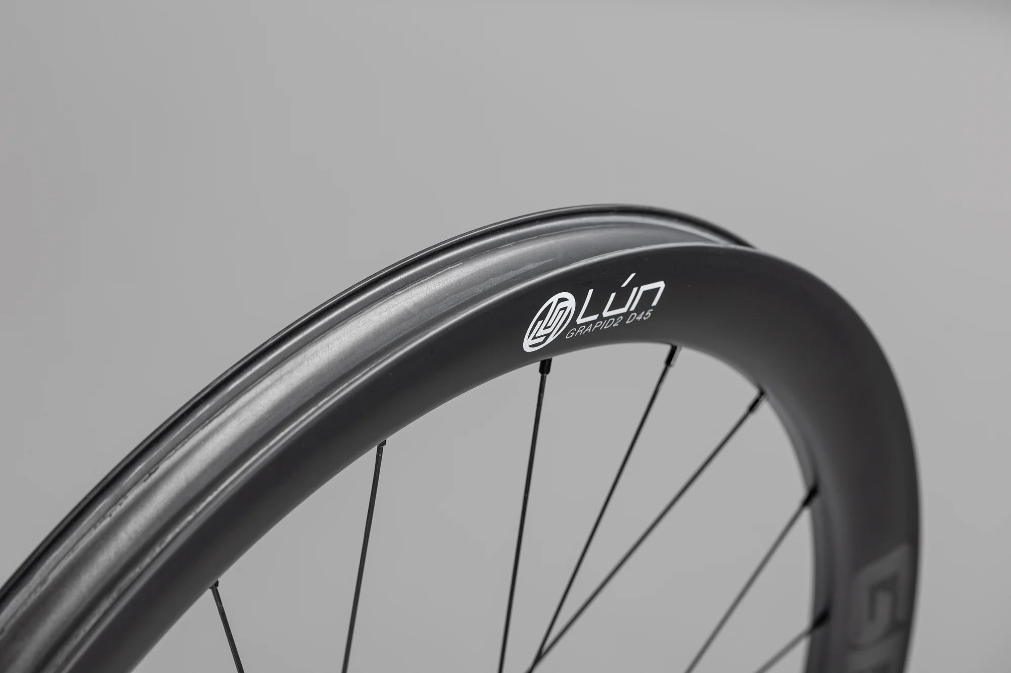White LUN logo on the matte carbon GRAPID 2 rim